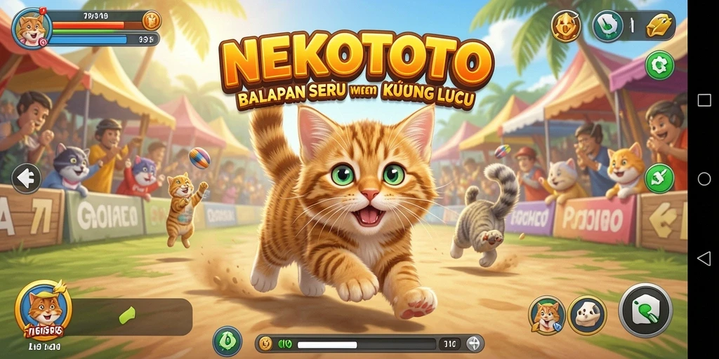 Tampilan gameplay NEKOTOTO yang penuh warna dan seru saat balapan.
