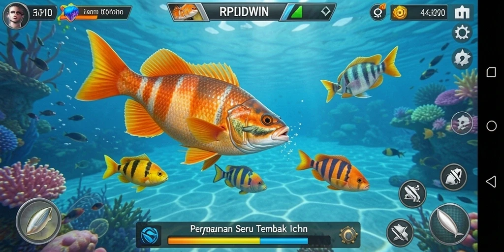 Tampilan gameplay seru dalam RPIDWIN dengan berbagai ikan menarik.