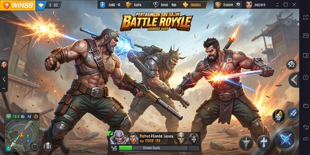 Tampilan gameplay seru di WIN88, pertarungan Battle Royale yang mendebarkan.